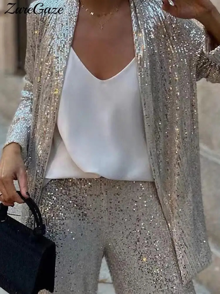 Fashion Silver Sequined Jacket Pant Suit Women Long Sleeve Coat Wide Leg Trousers 2 Piece Set 2024 Autumn Street Lady Sets 241104
