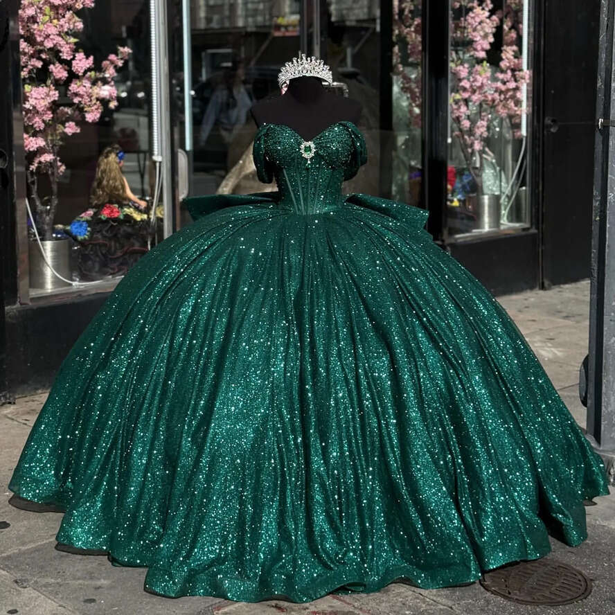 Dark Green Princess Dresses Ball Gown Off Shoulder Glitter Sequins Dia Vestido De Quinceanera Bodice Sweet Masquerade Dress