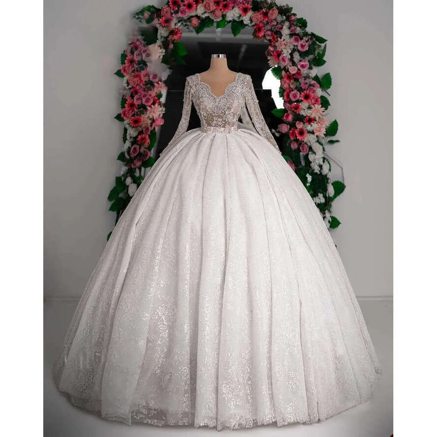 Wedding Elegant Dress Ball Gown O Neck Sequined Crystal Ruched Long Sleeve Or Length Bride Vestido De Noiva Custom Made