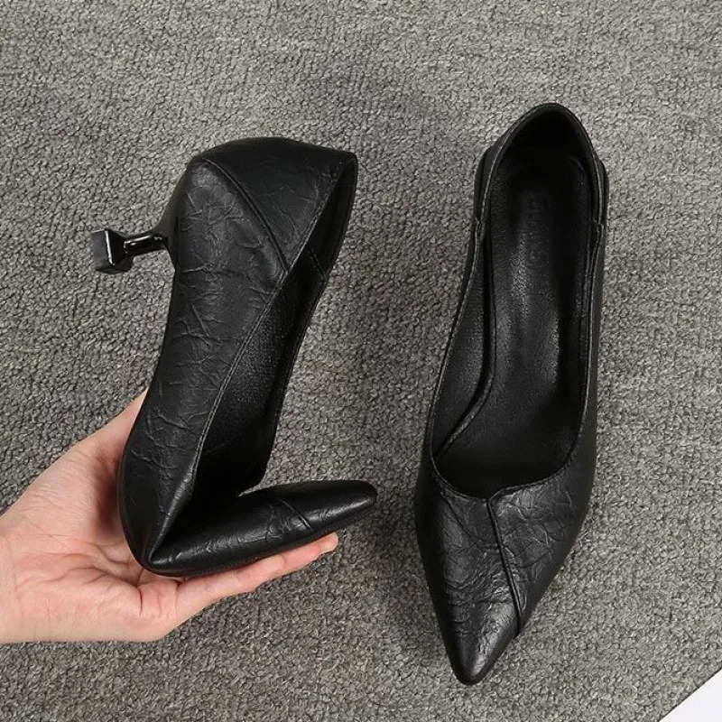 Womens Air Stewardess High Heels Thick Heel Versatile Sexy Single Shoes Professional Work Black Small Leather 241104