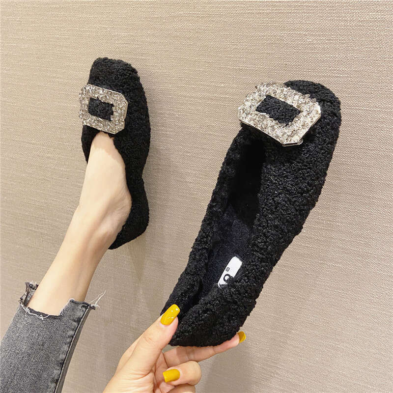 Add Fluffy Fur Women In And Winter, Low Cut Black Flat Heeled Women, One Foot For Autumn Outdoor Wear, Pointed Square Toe Bean Shoes