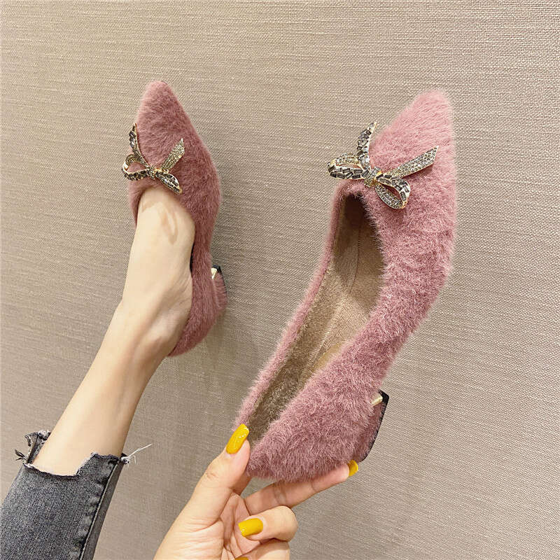 Hairy To Wear Outside In 2023 Autumn And Winter New Style With Added Velvet Cotton Shoes, Single Order Lazy People, Thick Heels, Bean Shoes For Women
