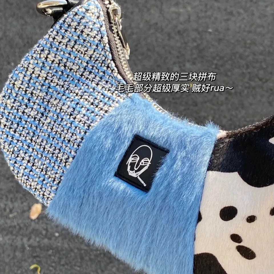 Womens Fur Shoulder Bag with Chain Short Handle er Sling Underarm Bags Half-Moon Shape Patchwork Small Purse Flap 241104