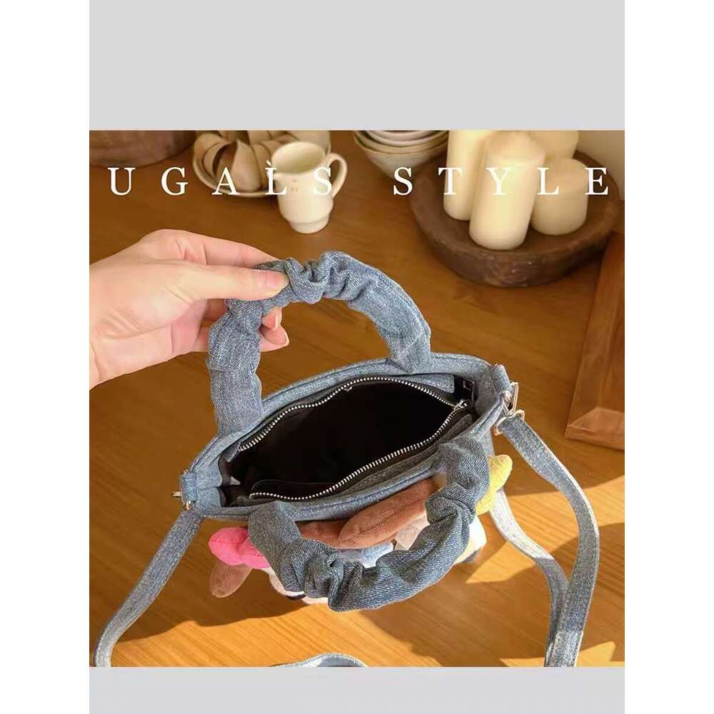 Fashion Cute Plush Toy Doll Denim Bucket Women's Handbag Large Capacity Shoulder Messenger Lady Purse Female Casual Bag