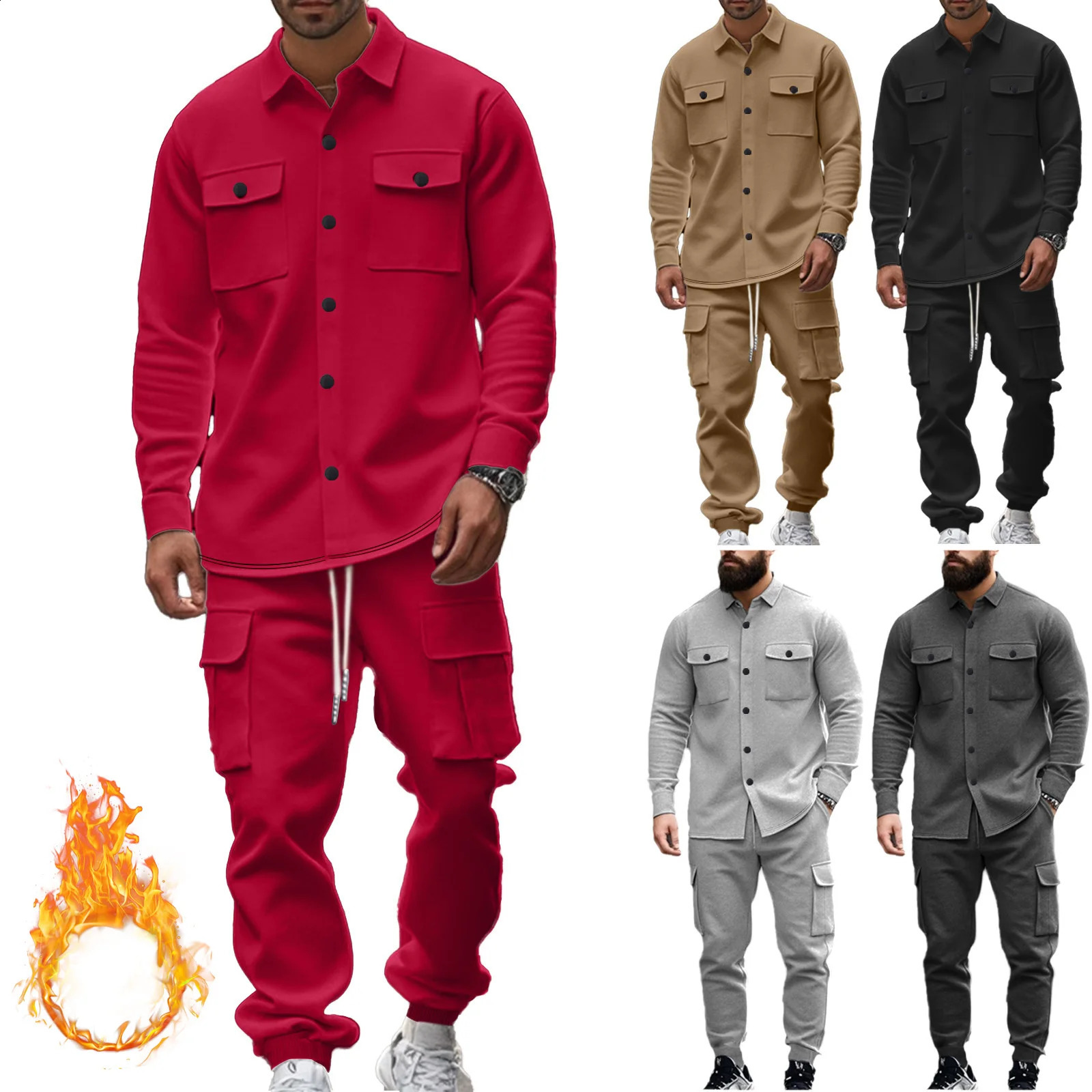 American Mens Jacket Heavyweight Pure Color Velvet Workwear Outdoor Tactical Hunting Lapel Jacket Suit Loose Warm Mens Clothes Two-Piece Set 241105