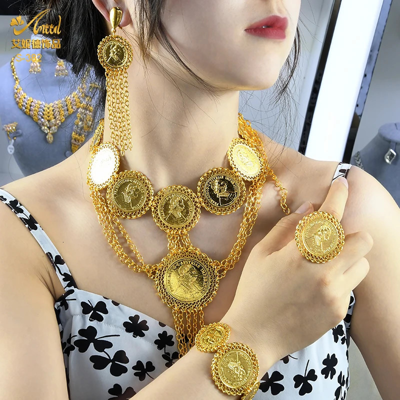 ANIID India Gold Coin Tassel Pendant Necklace Jewelry Set Dubai Party Bridal Wedding Fashion Necklace Set Gift241105