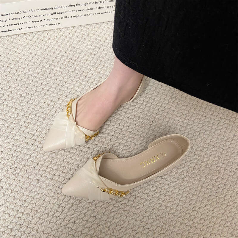 Spring Summer New Shallow Mouth Pointed Flat Bottom Side Empty Soft Leather Scoop Fairy Style Gentle Temperament Paired With Skirts And Single Shoes