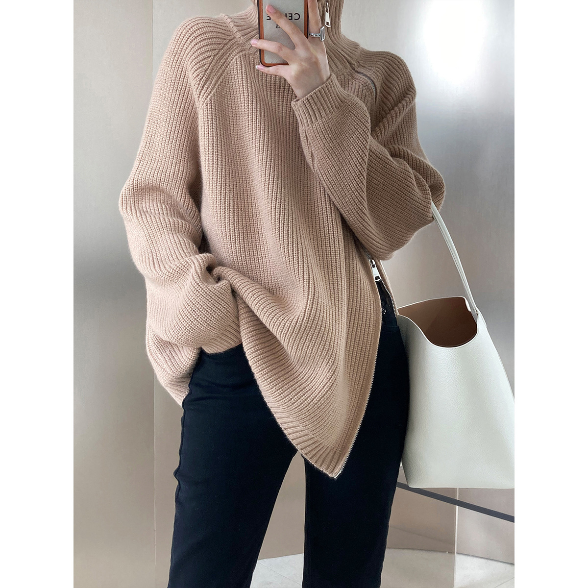 Winter Women's Sweater Fashion Personality Side Open Double Head Zip High Neck Loose Oversized Casual Knit Top Coat Warm Jumper