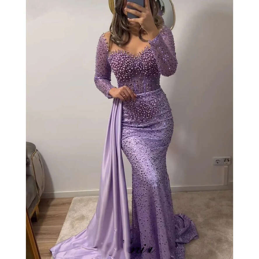 Elegant Purple Lace Trimmed Mermaid Prom Gown With Illusion Crystals Beaded Necke And Zippered Back For Formal Events Mal