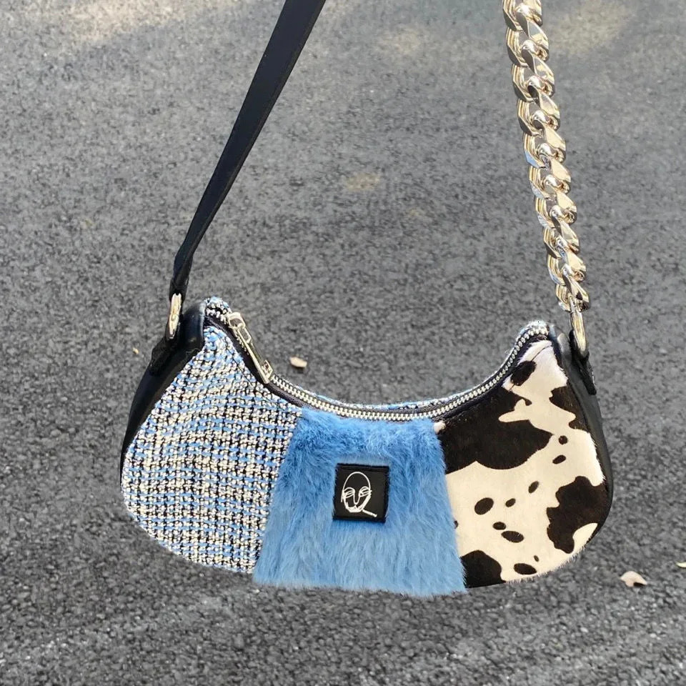 Womens Fur Shoulder Bag with Chain Short Handle er Sling Underarm Bags Half-Moon Shape Patchwork Small Purse Flap 241104