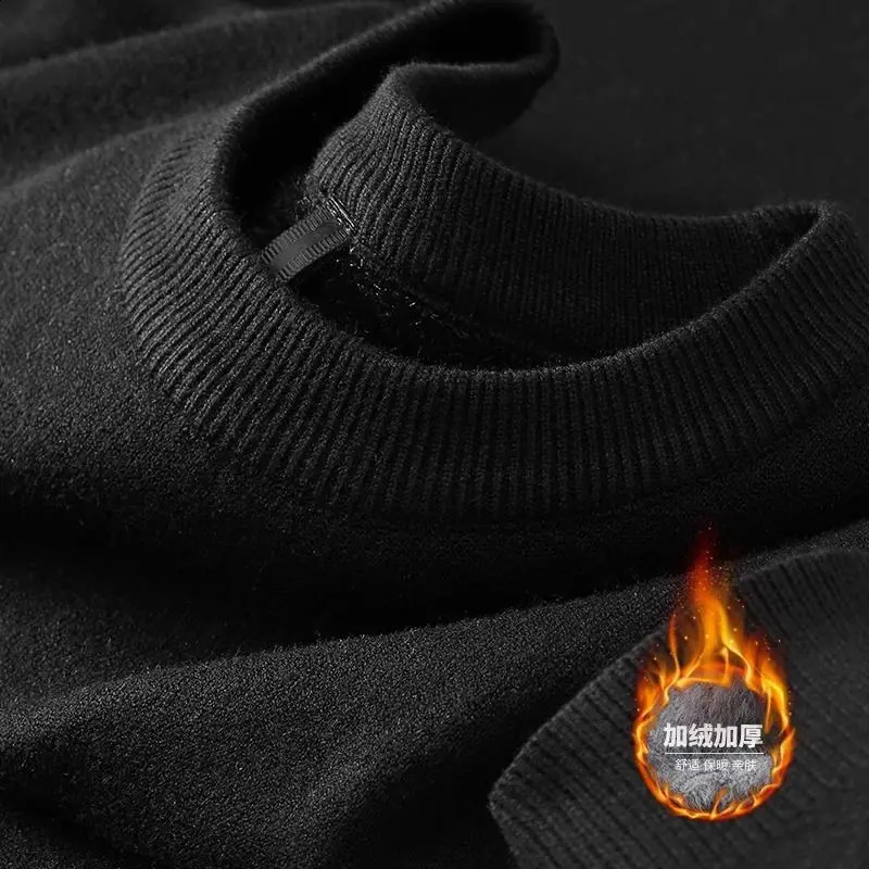Plush Mens Knitted Sweater Turtleneck with Velvet Padded Warm Solid Pullovers Autumn Winter Thick Bottom Casual O-Neck Sweater 241105