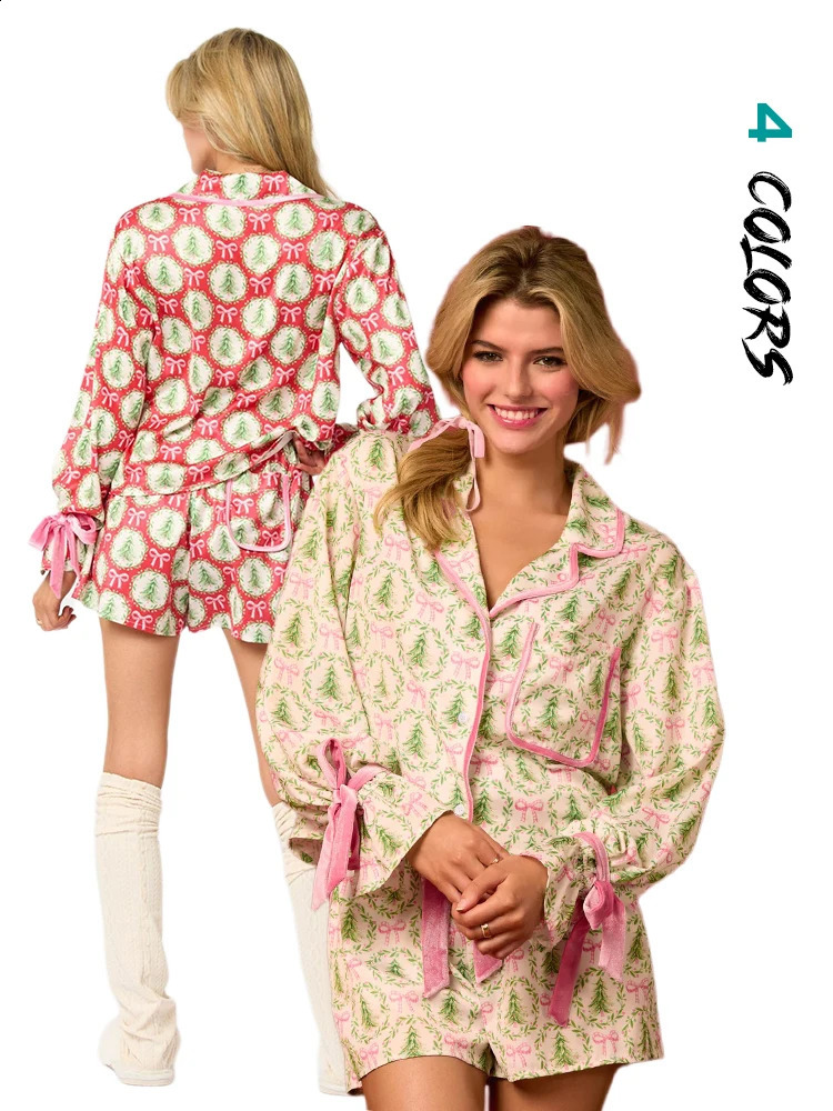 2024 Y2k Pink Bow Pajama Sets for Women 2 Piece Shorts Cute Short Sleeve Matching Lounge Shirts Sets 90S Santa Claus pajamas 241105