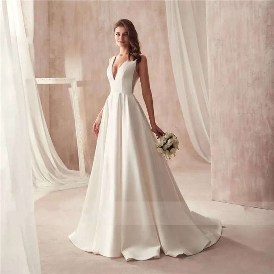 Plus Sexy Cheap Size Dresses With Pocket Satin Deep V Neck Open Back Or Length Wedding Dress Bridal Gowns Robes De Marie