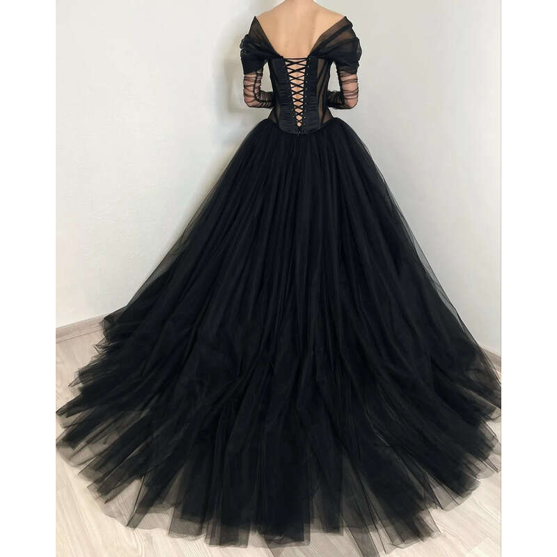 Elegant A E Gothic Illusion Long Sleeves Boho Dresses Bridal Gowns Bone Bodice Tulle Country Black Wedding Dress legant