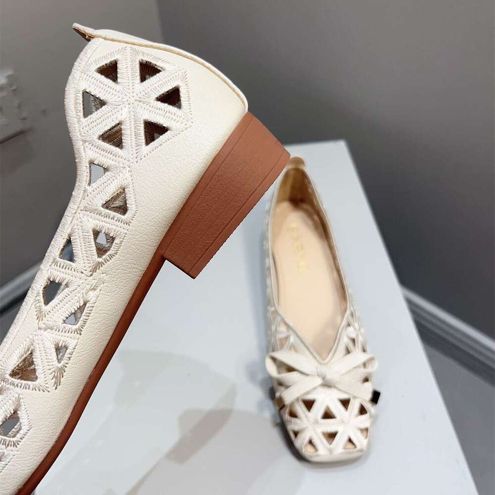 Breathable Hollowed Out Single Shoe Women's Summer Korean Version New Versatile Butterfly Bow Soft Sole Square Shallow Mouth Low Heel Toe Sandals
