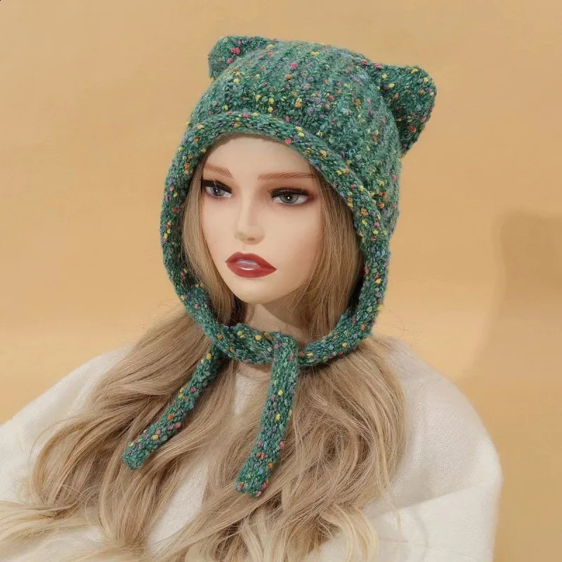 Cute Knitted Cat Ear Hat Y2K Fashion Crochet Protector Wool Cap Women Winter Warm Pullover Girl Wrap Head Bonnet Beanies 241105