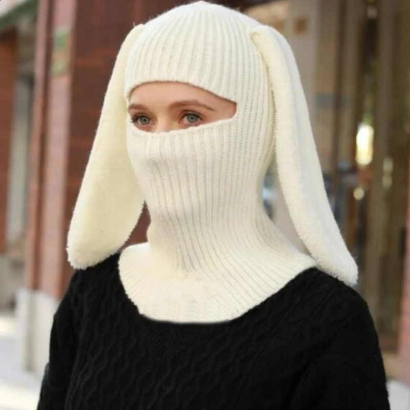 Halloween Knitted Balaclava Long Bunny Ears Hat For Women Winter Warm Rabbit Hats Crochet Ski Mask Drop 241105