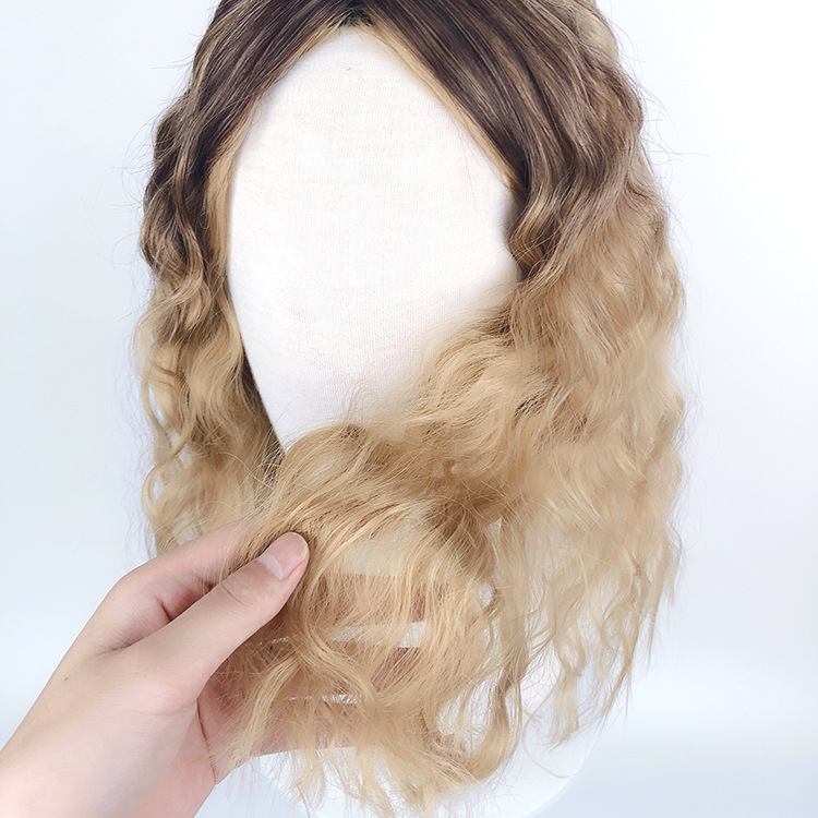 Fashion black wig gradient brown medium long hair corn perm water ripple wig