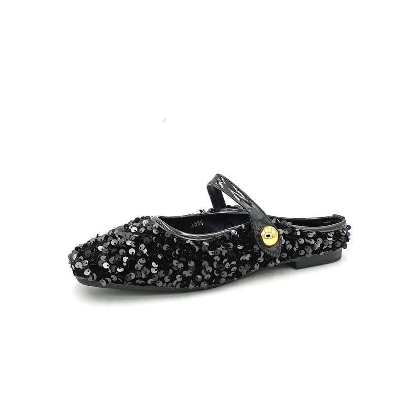 Xiaoxiangfeng Baotou Slippers For Women's Outwear 2024 Spring/Summer New Sequin Flat Bottom Mary Jane Muller Half Top