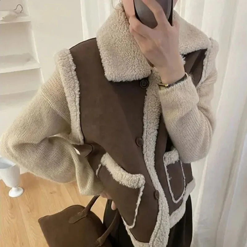 Womens autumn and winter cashmere vest Korean fashion loose sleeveless jacket top thick prefabricated style casual vest jacket 241105