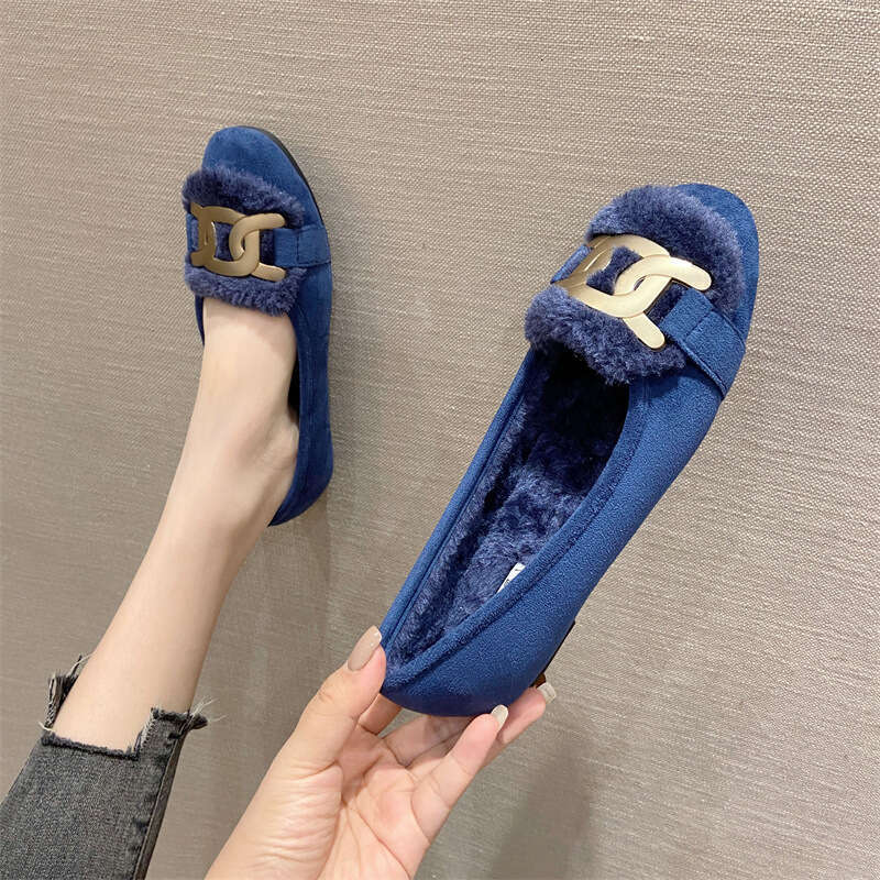 2023 Autumn/Winter New Single Head Metal And Fleece Fur Women's Fairy Suede Shallow Mouth Flat Shoes