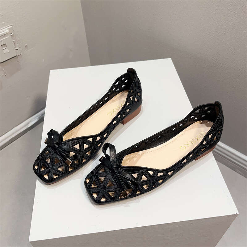 Breathable Hollowed Out Single Shoe Women's Summer Korean Version New Versatile Butterfly Bow Soft Sole Square Shallow Mouth Low Heel Toe Sandals