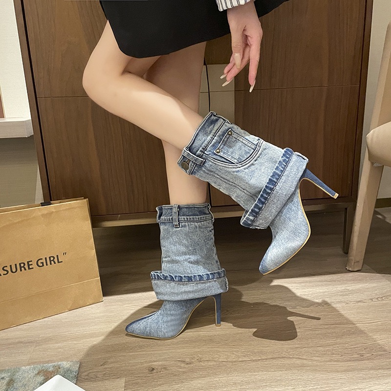 Blue Denim Slim Cuffed Short Rivet New Pocket Design Pointed Toe Metal Buckle High Heel Fashion Women Boots
