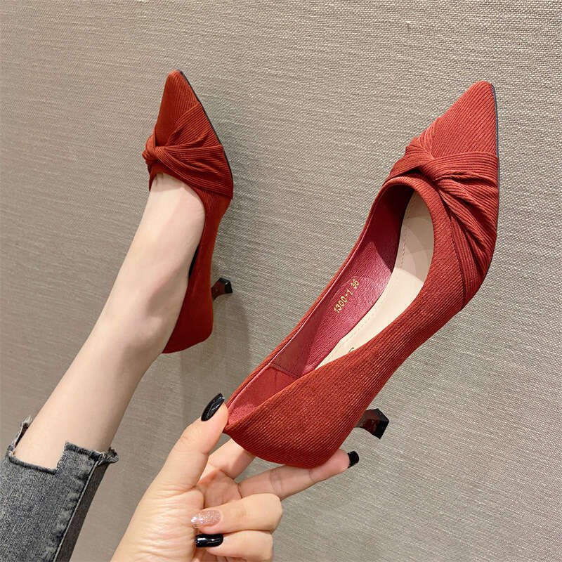 Korean Version 2023 New Fabric Shallow Mouth Pointed Toe Elegant And Versatile Thin Cat Heel Trendy Women's Single Shoes