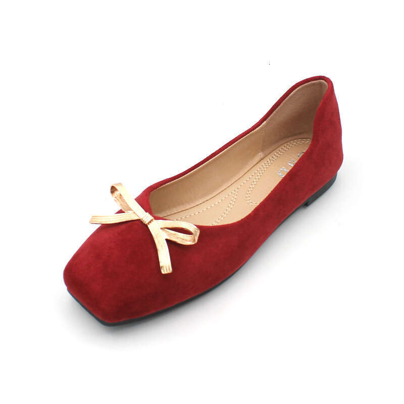2023 Korean Edition New Solid Color Versatile Daily Red Toast Dress Heel Suede Square Head Shallow Mouth Soft Bottom Flat Shoes