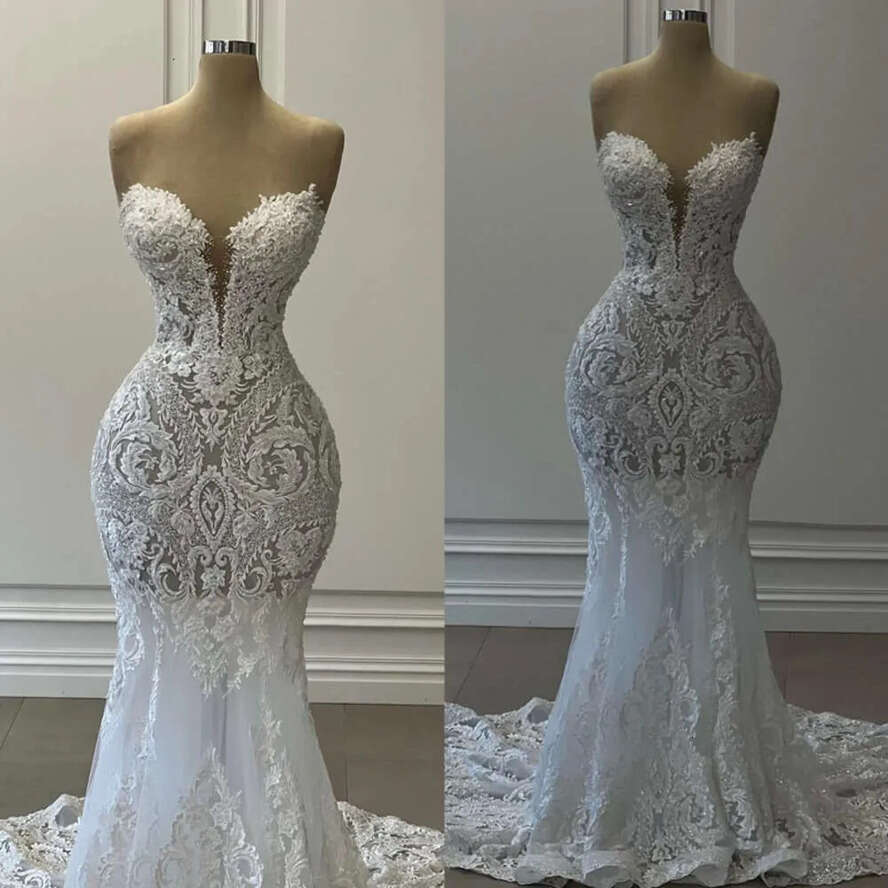 Mermaid Elegant Sweetheart Fulllace Special Drs Bridal Gowns Backls Sweep Train Lace Digner Robe De Mariage Bc