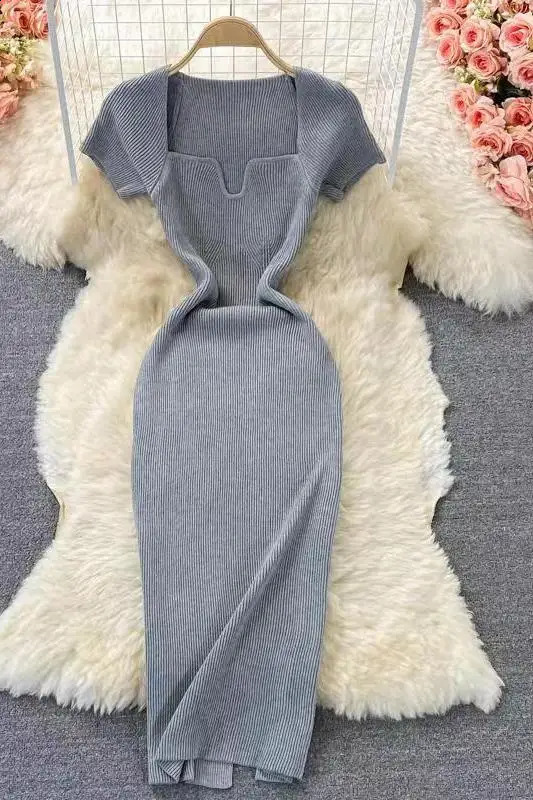 2024 Elegant Square Neck Short Sleeve Slim Fit Knitted Bodycon Dress Long Midi Y2K Vestidos De Fiesta 241105Z