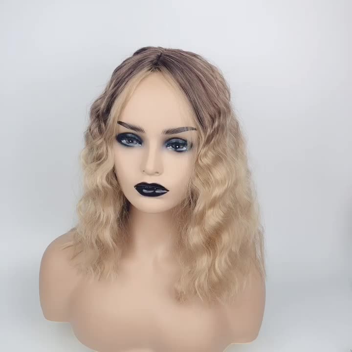 Fashion black wig gradient brown medium long hair corn perm water ripple wig
