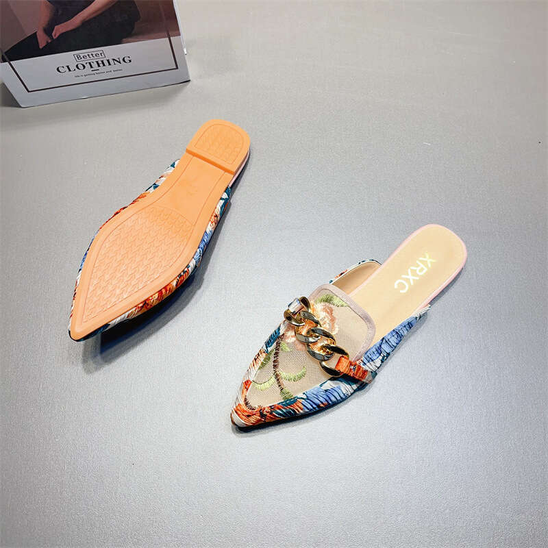 Baotou Half Slippers Women's Ins Korean Edition Season New Fashionable Versatile Flat Bottom Lazy Embroidered Muller Shoes