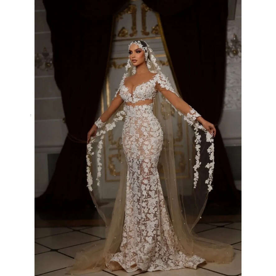 Lace Mermaid Ful Wedding Dress Pearls Applique Strapless Bridal Gowns With Overskirts Bride Dresses Custom Made Vestido De Novia Es