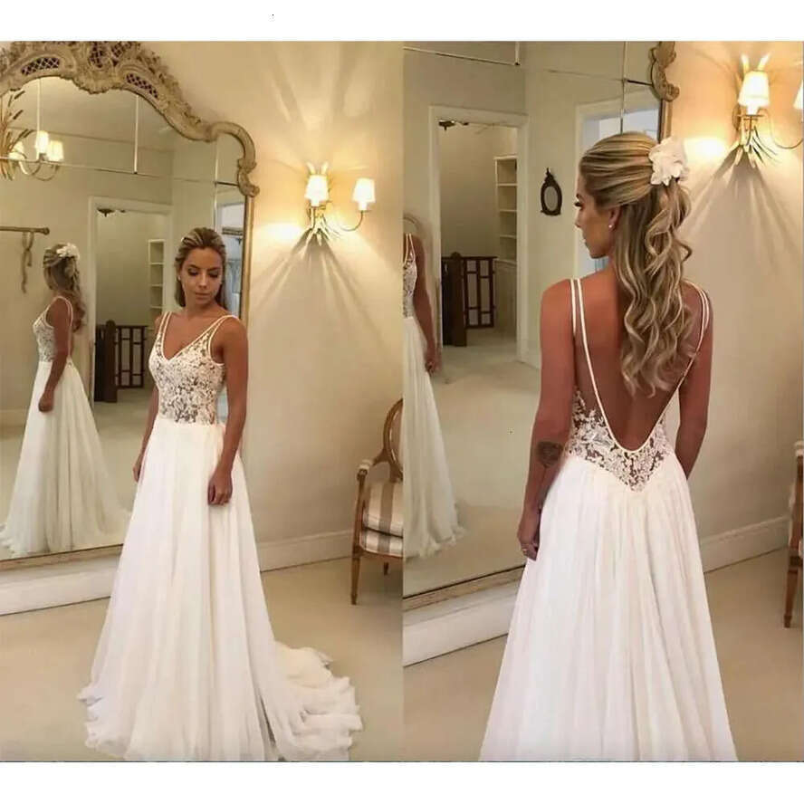 Beach Dresses Lace Appliqued Cheap V Neck A E Sexy Backless Boho Wedding Dress Sweep Train Custom Garden Bridal Gowns