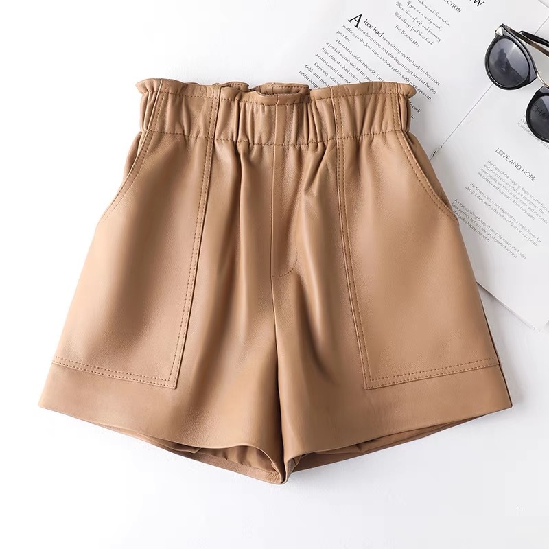 Genien Leather For Women 2024 New Fashion Elestic High Waist Short Pants Female Streetwear Shorts Casual Style