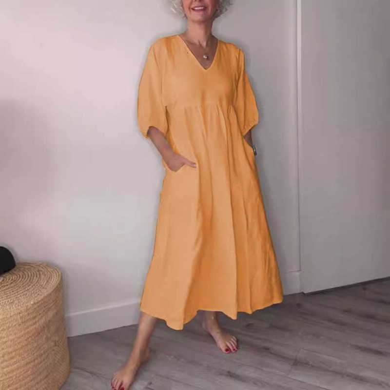 Women Dresses Autumn women's cotton linen deep V-neck pleated solid color casual pocket dress