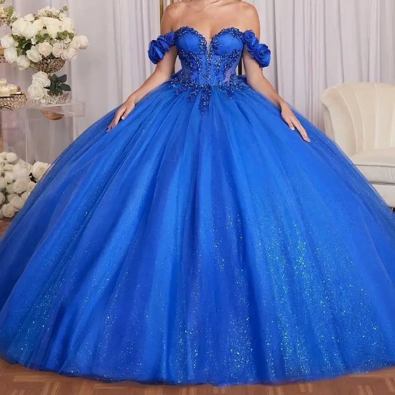 Mexican Royal Blue Quinceanera Dresses Ball Gown Off The Shoulder Beading Crystals Flower Tull Corset Sweet 16 Dress Vestido De 15 Anos
