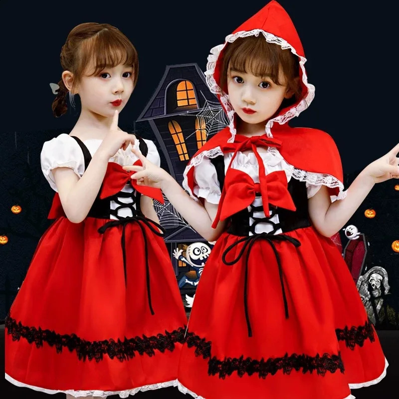 Halloween Little Red Riding Hood Girl Costume and Horn Princess Dress Christmas Childrens Performance Ball Fairy Tale Costume 241105