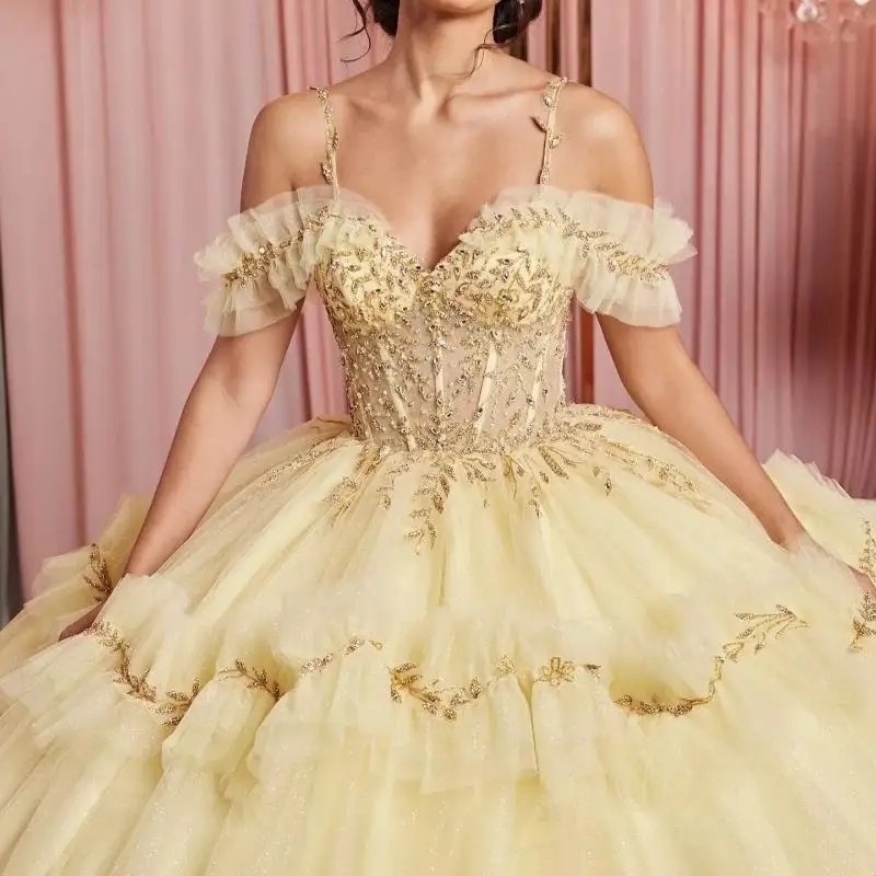 Yellow Quinceanera Dresses Off Shoulder Beading Crystal Lace Tull Tiered Corset Vestidos De 15 Anos Ball Gown Sweet 16 Dress