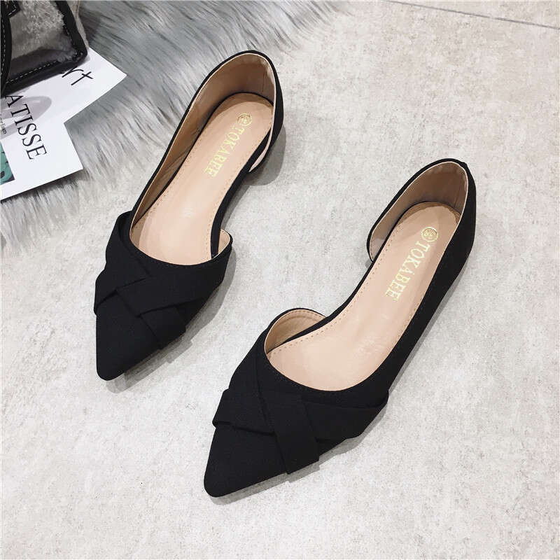 2023 Korean Version New Side Air Breathable Black Work Shoes, Daily Fabric Surface Pointed Shallow Mouth Soft Sole Flat Shoes