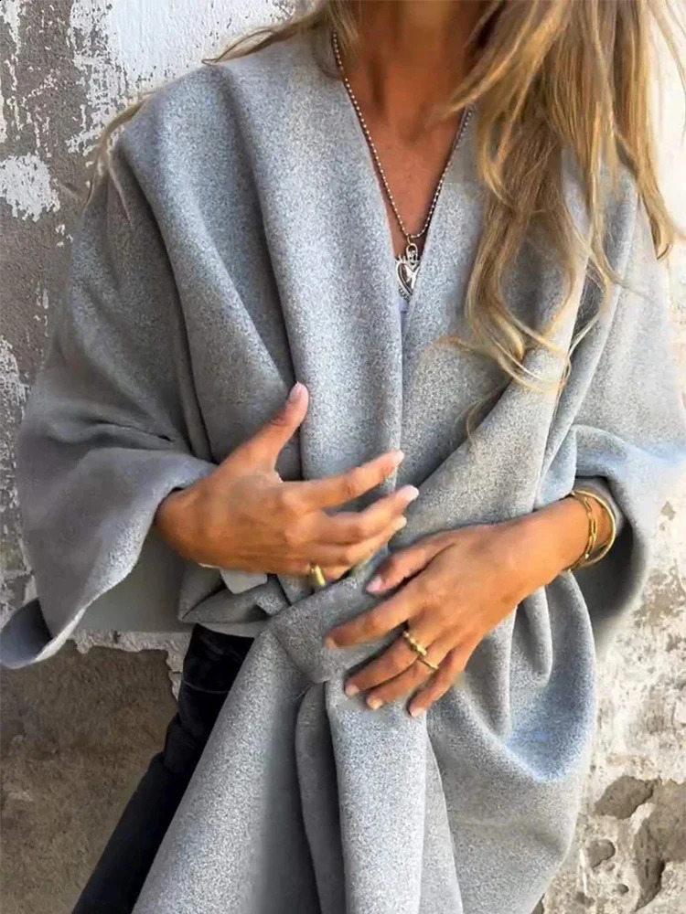 Fashion Soft Wool Blends Poncho Cape Coat Autumn Winter Women Cardigan Shawl Cloak Windproof Solid Casual Jacket 241105