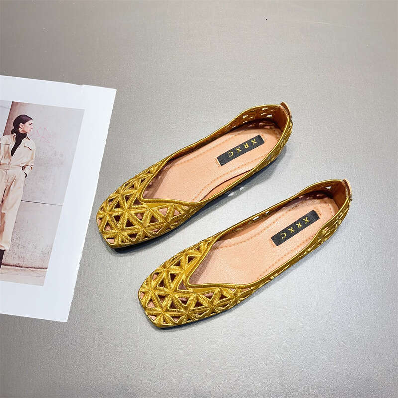 Cave Sandals Women's Spring And Summer New Style Square Toe Versatile Comfortable Soft Sole Hollow Out Single Breathable Flat Shallow Mouth Scoop