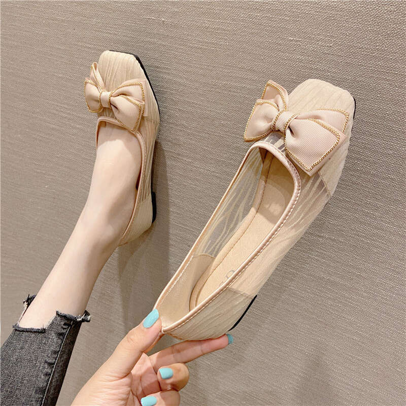 Spring And Autumn Mesh Adhesive Super Fiber Daily Black Low Top Square Head Heel Solid Color Flat Bottom Shoes