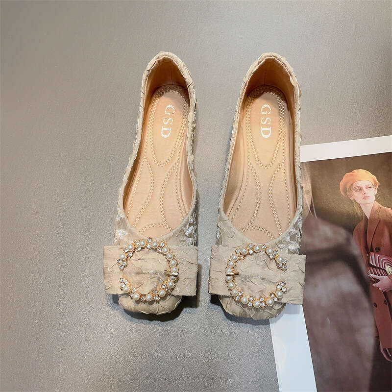 French Gentle Style Shallow Mouth Flat Single For Women, Korean Version, Spring And Summer New Items, Pearl Bow Square Toe Soft Sole Scoop Shoes