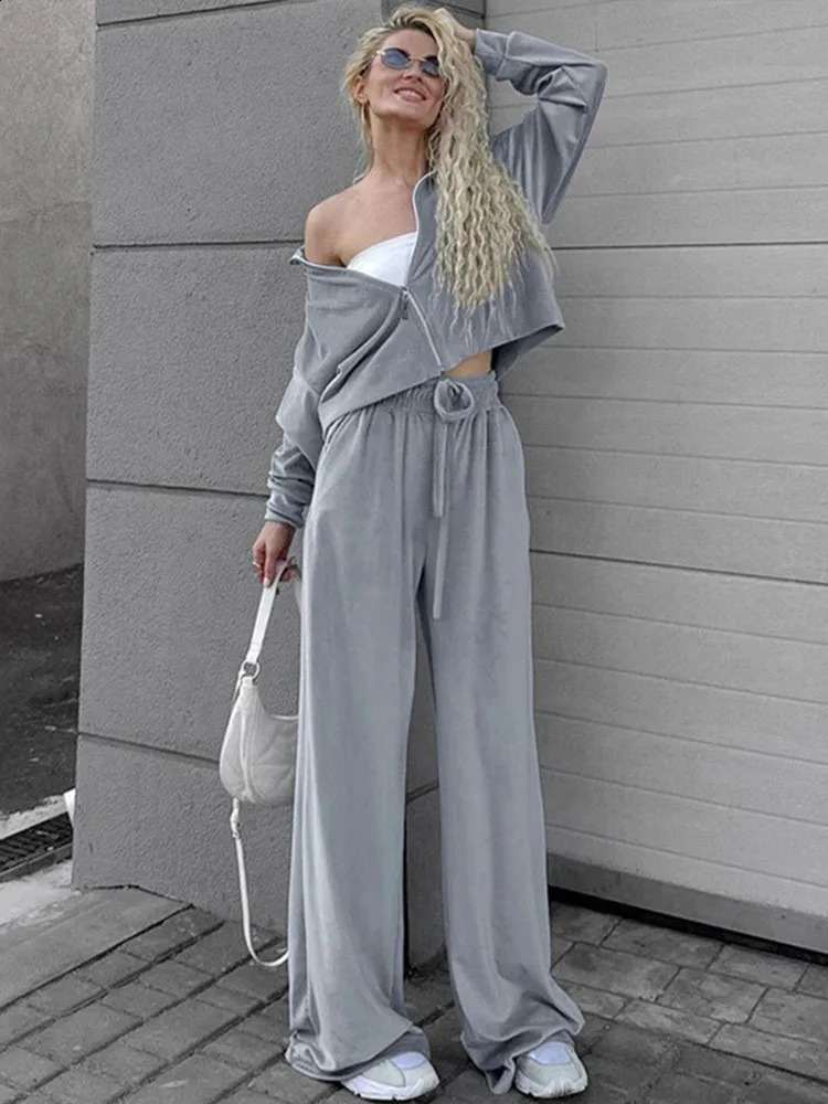 Loose Velvet Womens Sets Elegant Lapel Long Sleeve Zipper Coats High Waist Wide Leg Pant Suit 2024 Autumn Casual Commute Outfit 241105