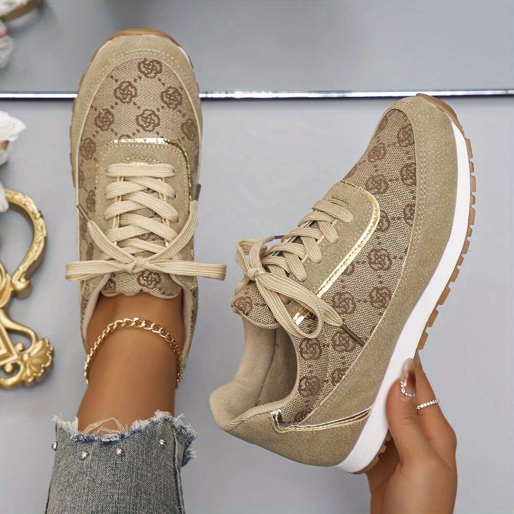 Rose Pattern Low Top Sneakers Breathable, Lace Up, Round Toe, Rubber Sole, Mesh Inner, Fabric Insole - All-Season, Casual, Outdoor Walking Shoes for W