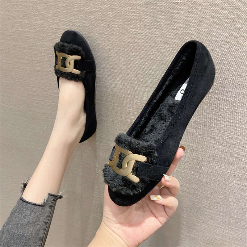 2023 Autumn/Winter New Single Head Metal And Fleece Fur Women's Fairy Suede Shallow Mouth Flat Shoes