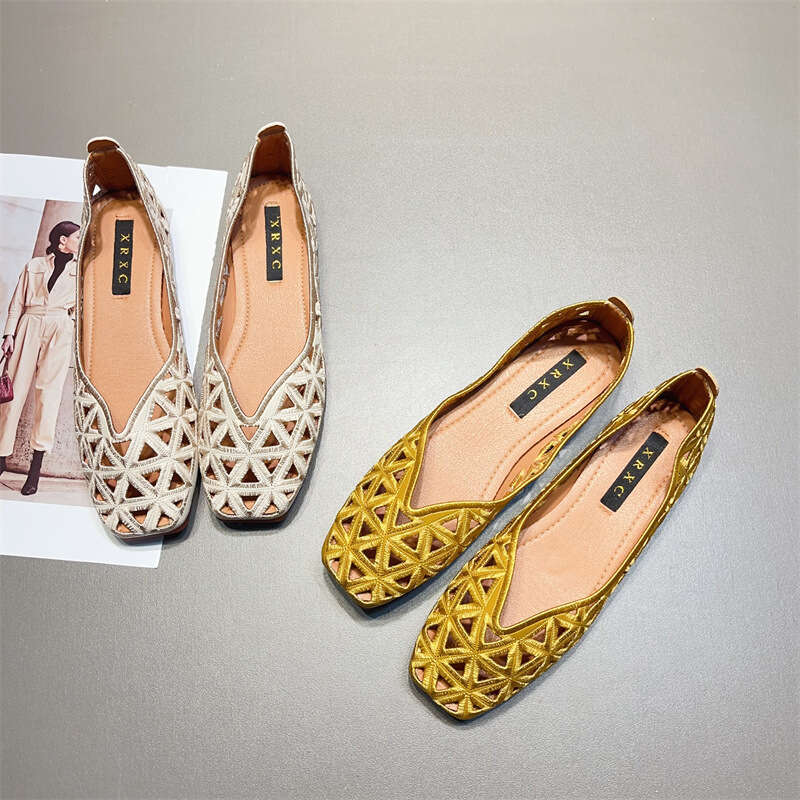 Cave Sandals Women's Spring And Summer New Style Square Toe Versatile Comfortable Soft Sole Hollow Out Single Breathable Flat Shallow Mouth Scoop