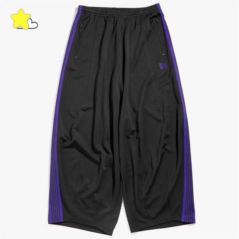 Purple striped butterfly embroidery wide leg pants mens quality oversized stretch sports pants jogging black Trousers 241104